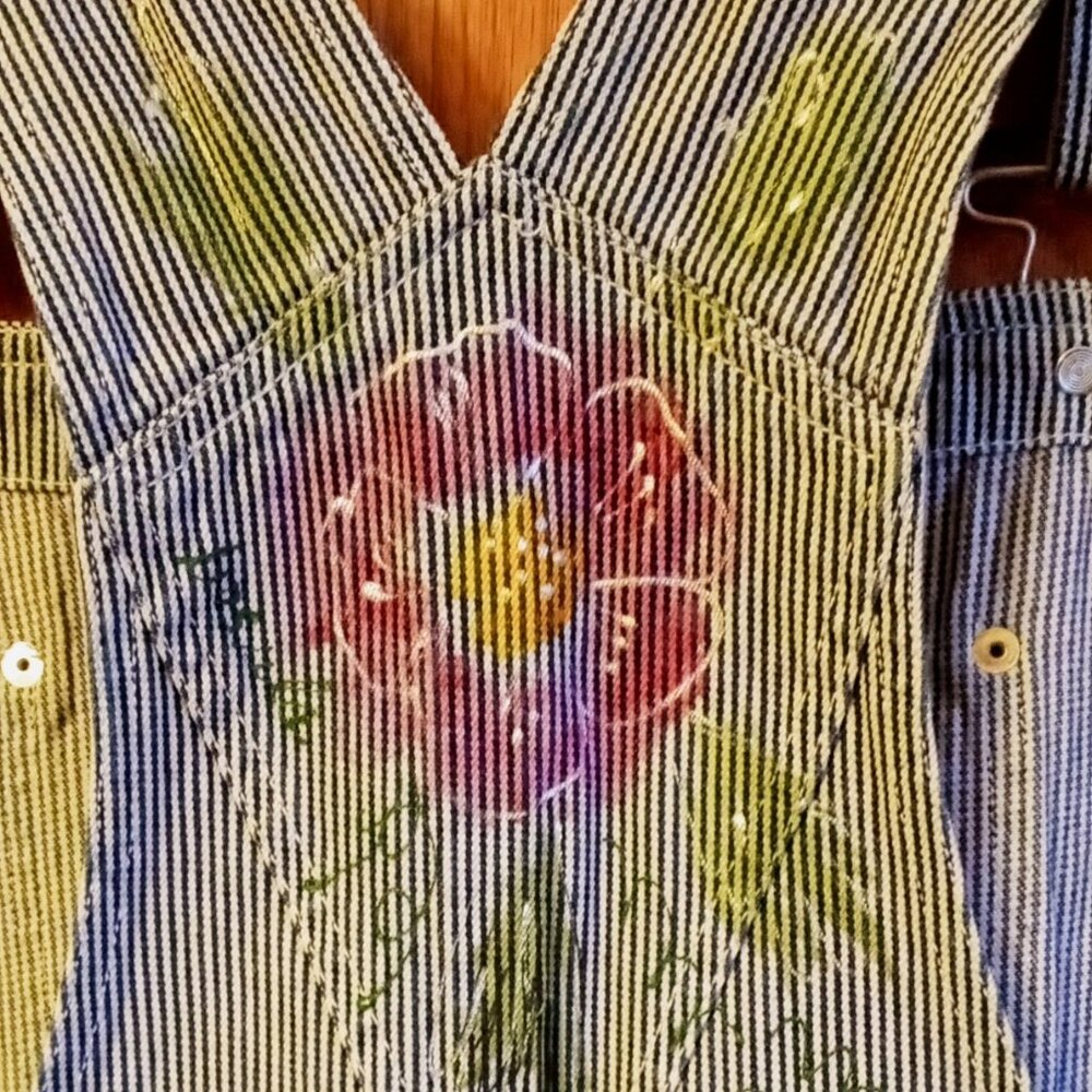 SOLD!! - Vintage Artsy Painted Baccini Denim Jean Shortalls Shorts Overalls Sz L - Picture 2 of 16